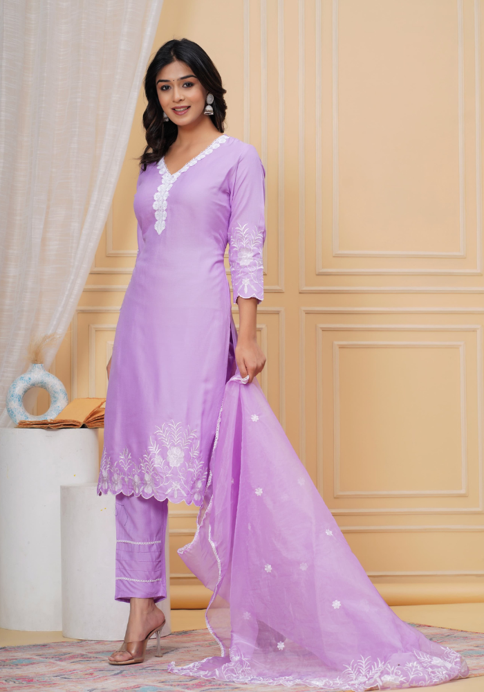 Lavender Purple Ethnic Suit Set with White Embroidery