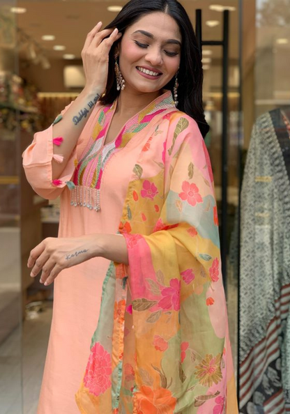 Peach Kurta Set with Vibrant Floral Dupatta