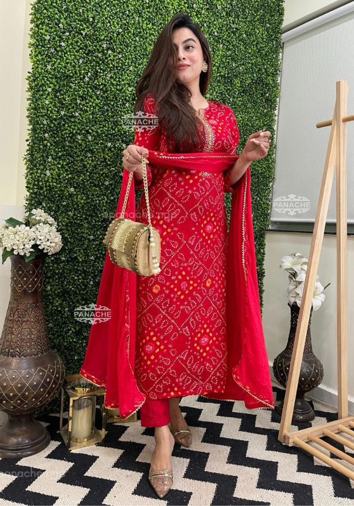 Stunning Red Bandhani Printed Suit Set with Dupatta