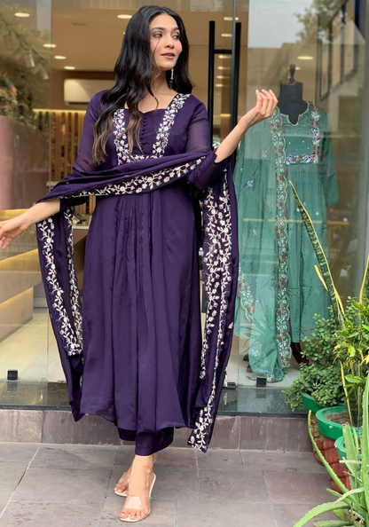 Elegant Deep Purple Embroidered Ethnic Suit with Dupatta