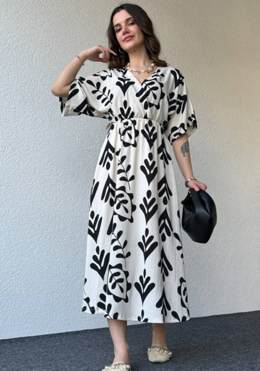 Modern Black and White Printed Asymmetrical Midi Dress