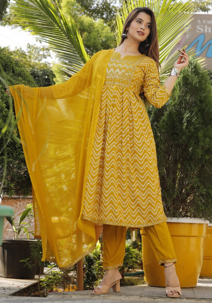 Mustard Yellow Embroidered Cotton Suit with Dupatta