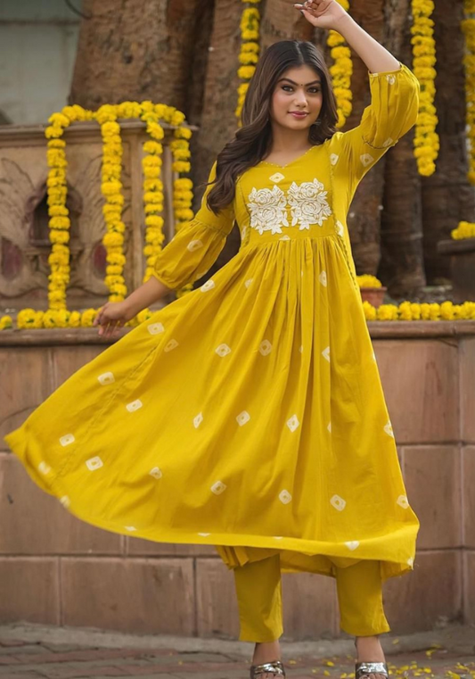 Graceful Mustard Yellow Anarkali Kurta Set with White Embroidery