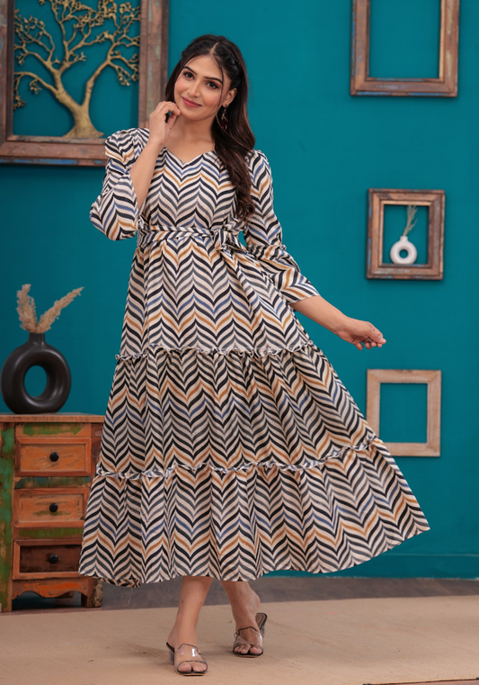 Chevron Print Maxi Dress with Bell Sleeves