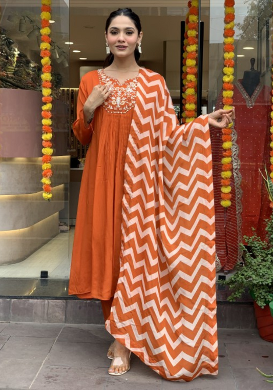 Elegant Orange Kurta Set with Chevron Dupatta