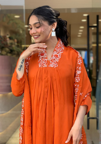 Graceful Orange Embroidered A-Line Kurta Set with Dupatta