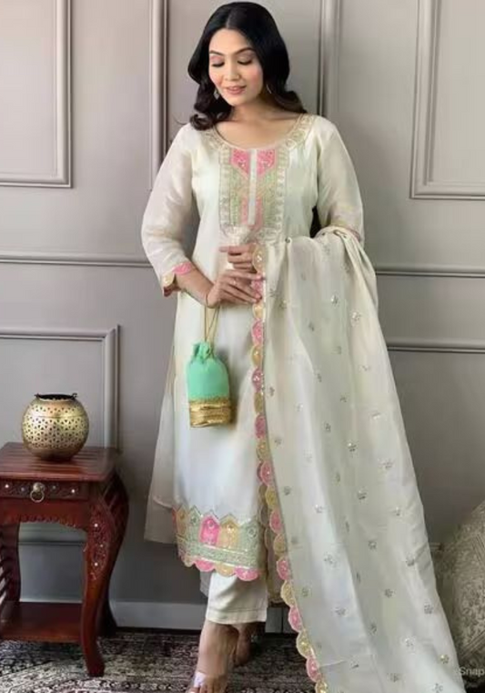 Ivory Embroidered Kurta Set with Pastel Accents