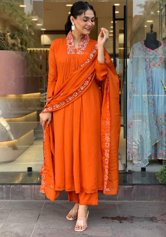 Graceful Orange Embroidered A-Line Kurta Set with Dupatta