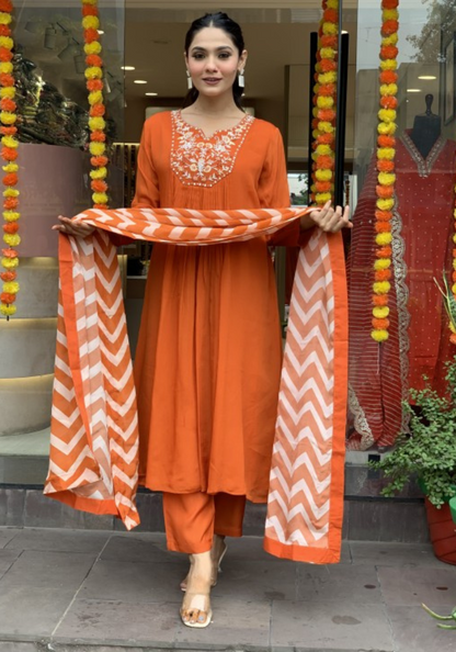 Elegant Orange Kurta Set with Chevron Dupatta