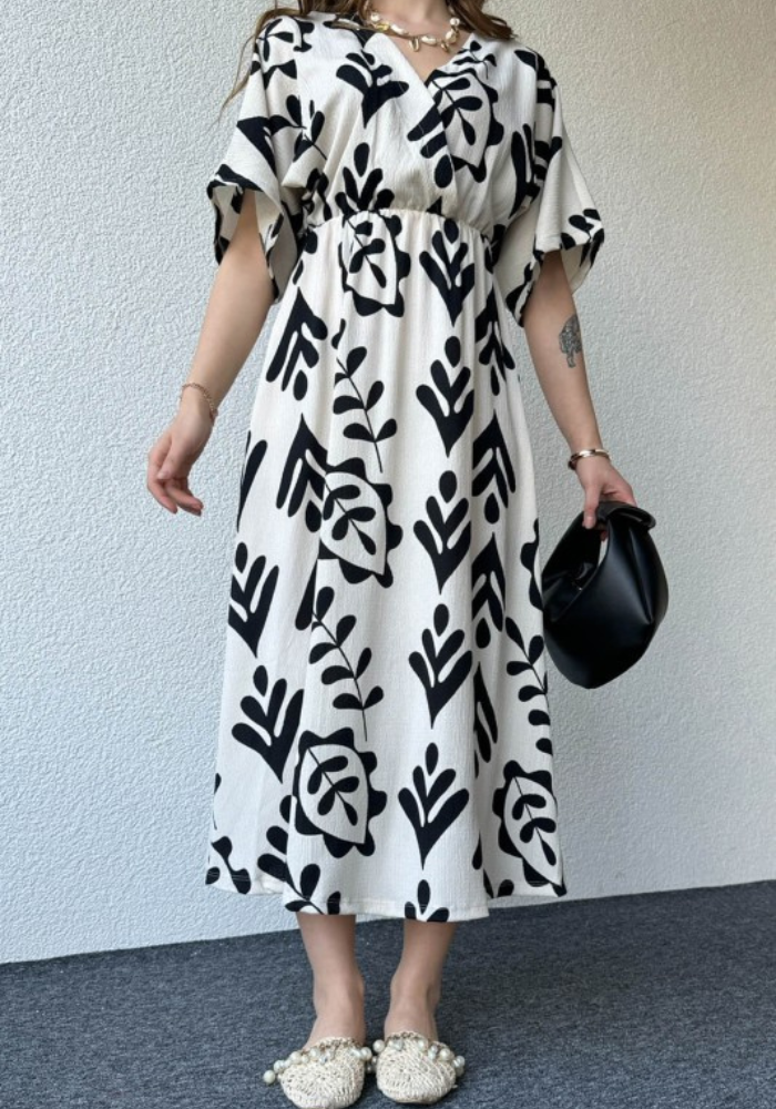 Modern Black and White Printed Asymmetrical Midi Dress