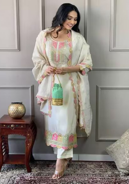 Ivory Embroidered Kurta Set with Pastel Accents