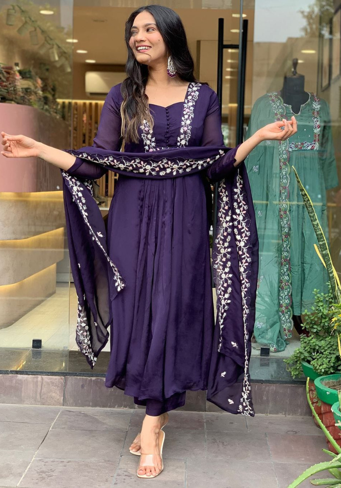 Elegant Deep Purple Embroidered Ethnic Suit with Dupatta