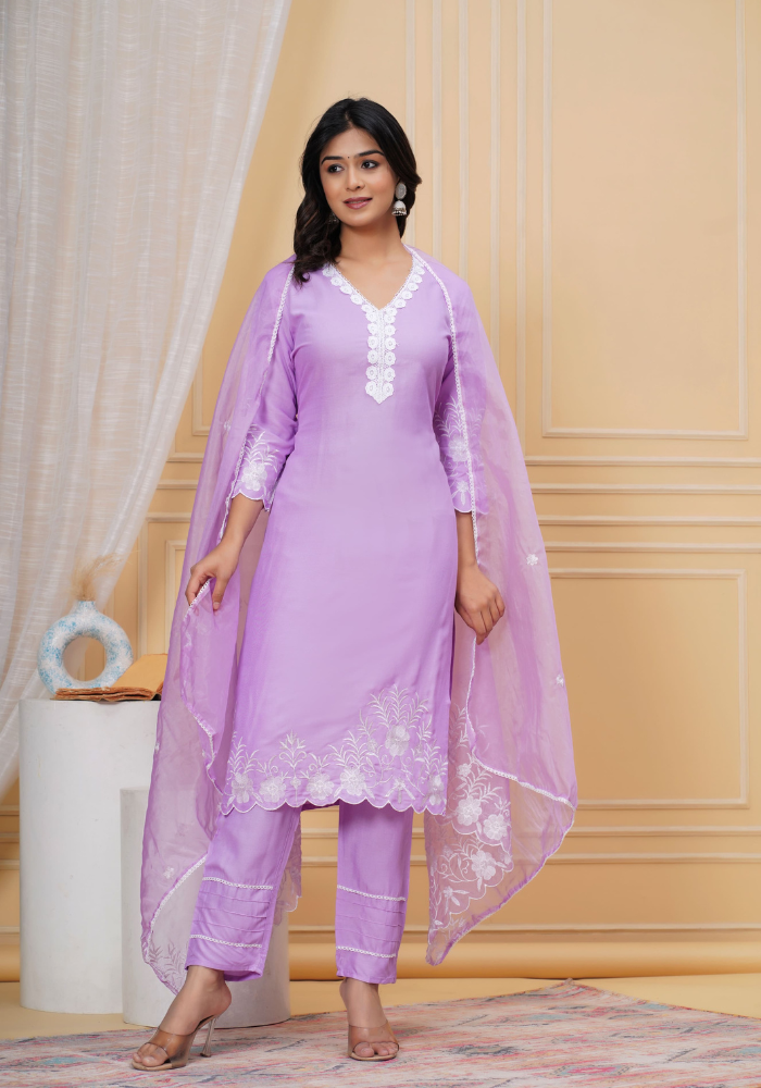 Lavender Purple Ethnic Suit Set with White Embroidery