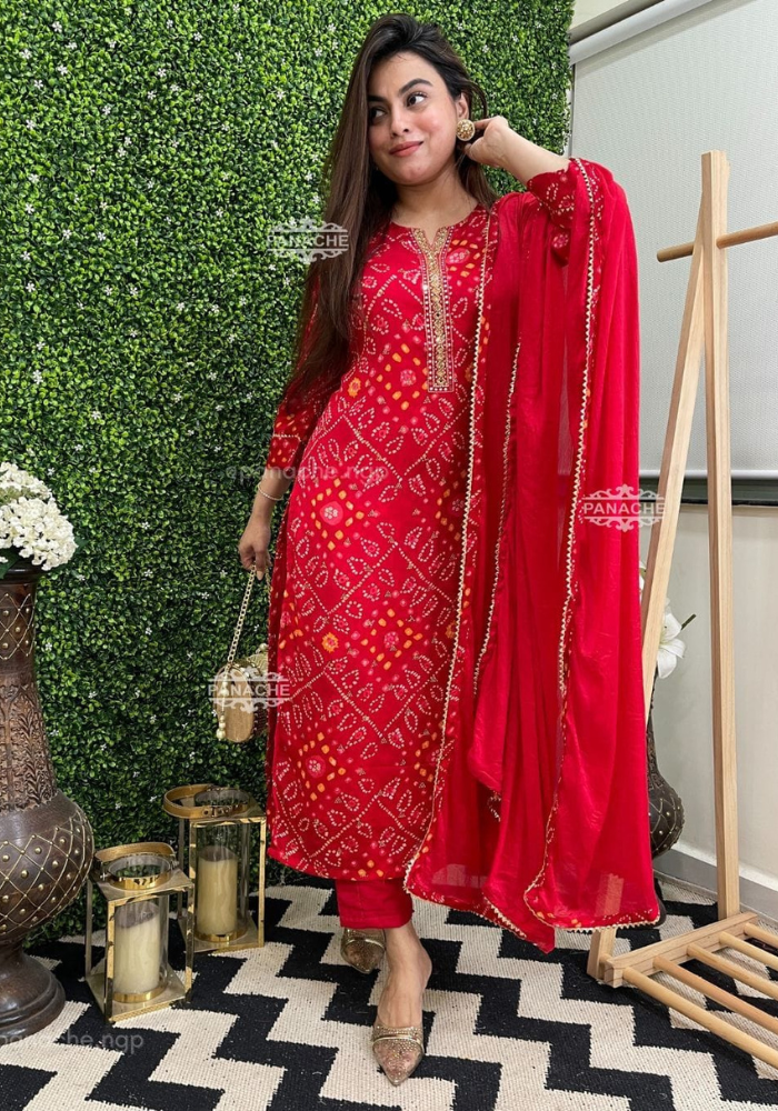 Stunning Red Bandhani Printed Suit Set with Dupatta