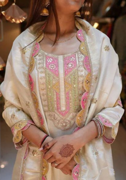 Ivory Embroidered Kurta Set with Pastel Accents