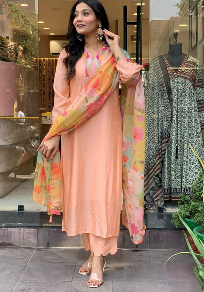 Peach Kurta Set with Vibrant Floral Dupatta