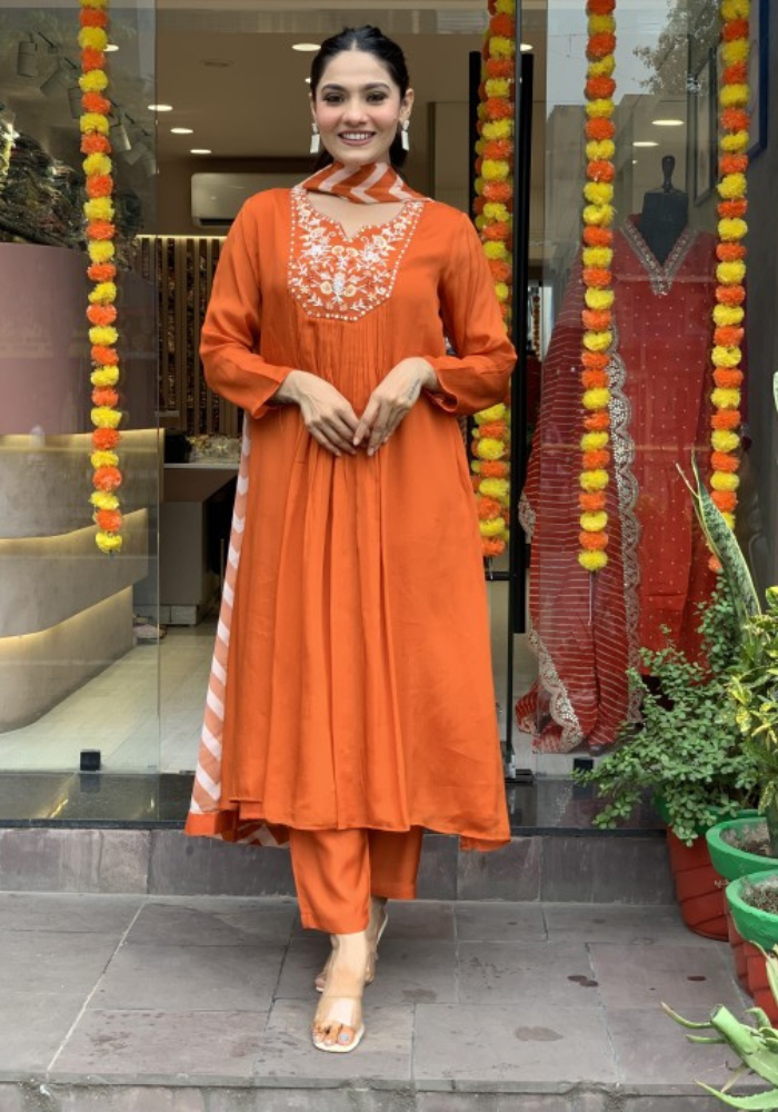 Elegant Orange Kurta Set with Chevron Dupatta