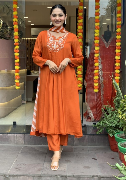 Elegant Orange Kurta Set with Chevron Dupatta