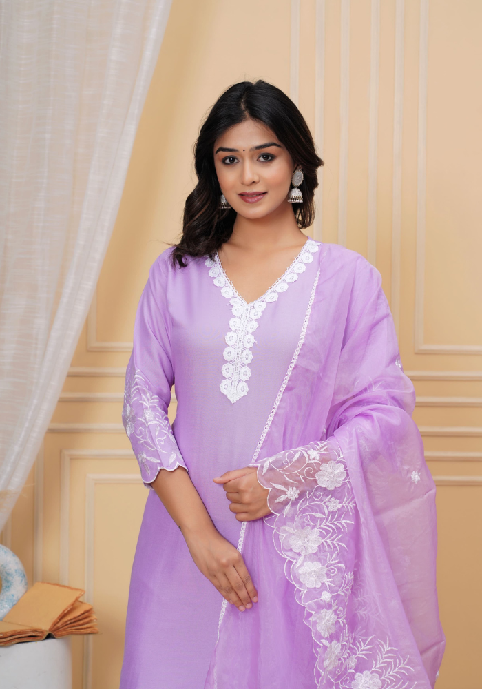 Lavender Purple Ethnic Suit Set with White Embroidery