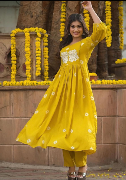 Graceful Mustard Yellow Anarkali Kurta Set with White Embroidery