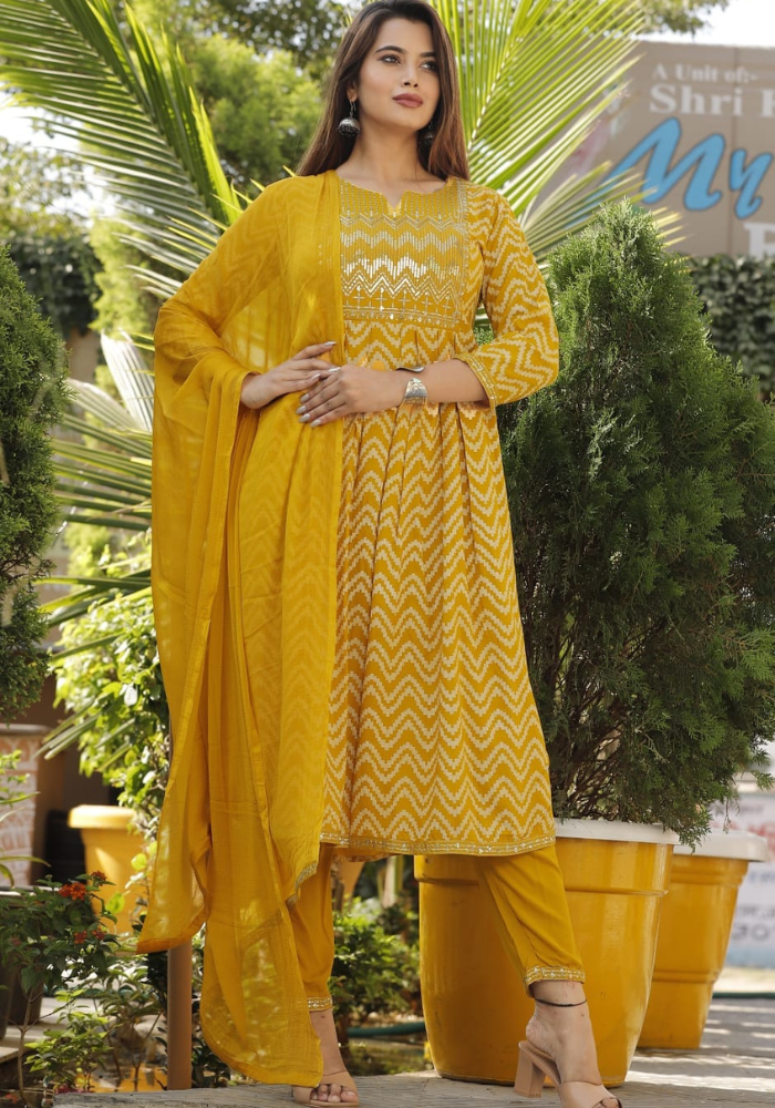 Mustard Yellow Embroidered Cotton Suit with Dupatta