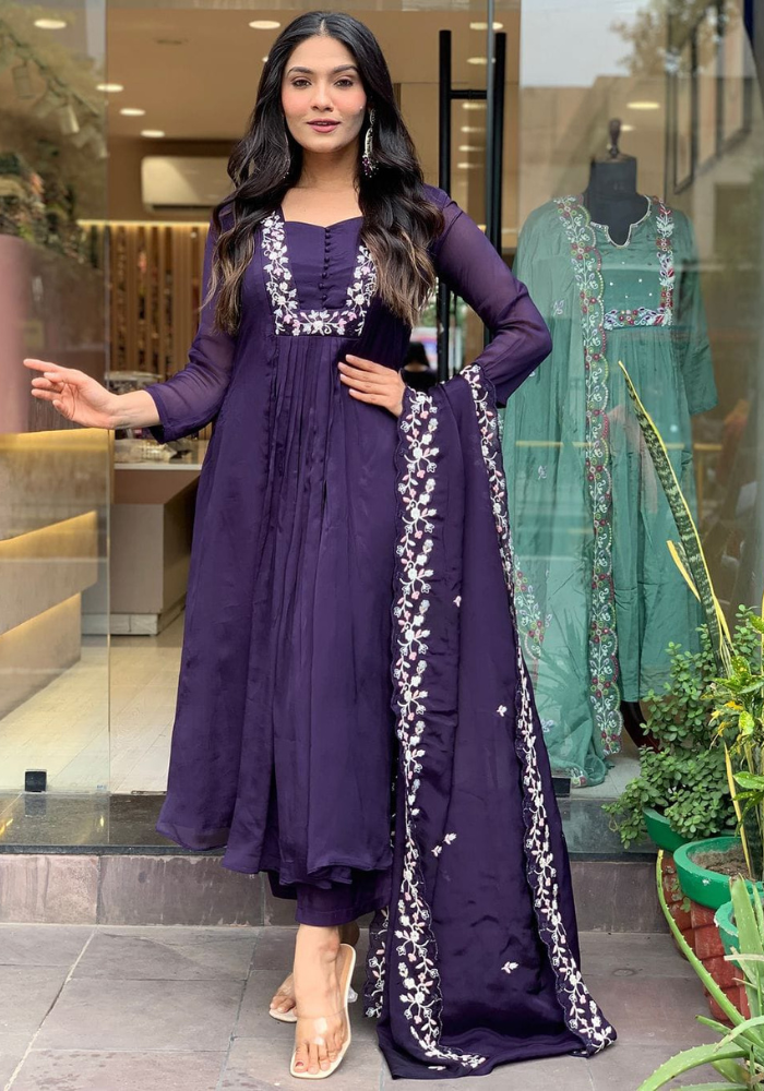 Elegant Deep Purple Embroidered Ethnic Suit with Dupatta