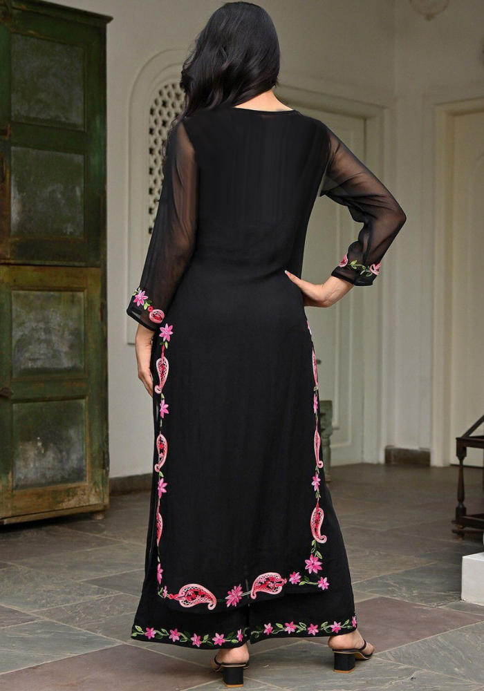 Elegant Black Kurti with Paisley and Floral Embroidery