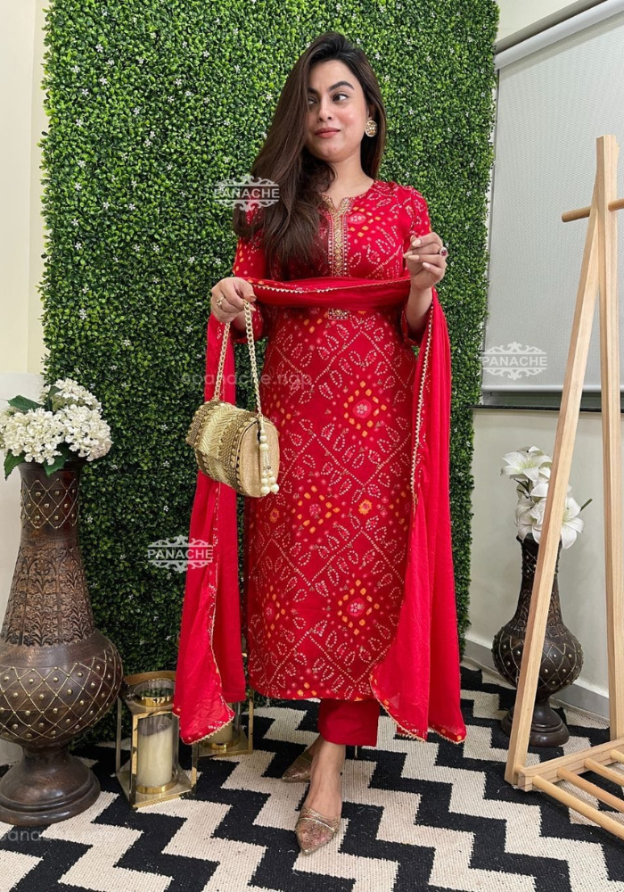 Stunning Red Bandhani Printed Suit Set with Dupatta