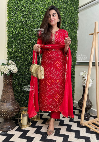 Stunning Red Bandhani Printed Suit Set with Dupatta