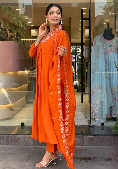 Graceful Orange Embroidered A-Line Kurta Set with Dupatta