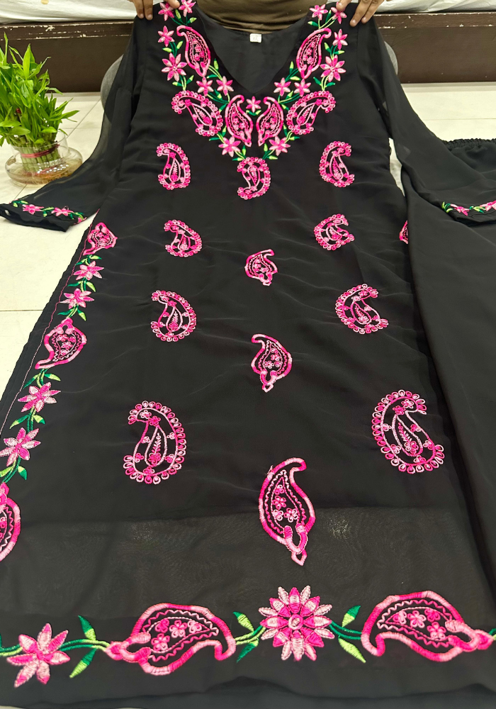 Elegant Black Kurti with Paisley and Floral Embroidery