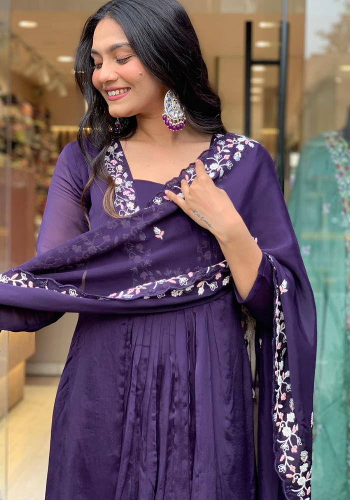 Elegant Deep Purple Embroidered Ethnic Suit with Dupatta