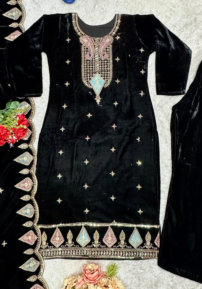 Elegant Black Embroidered Velvet Suit with Dupatta