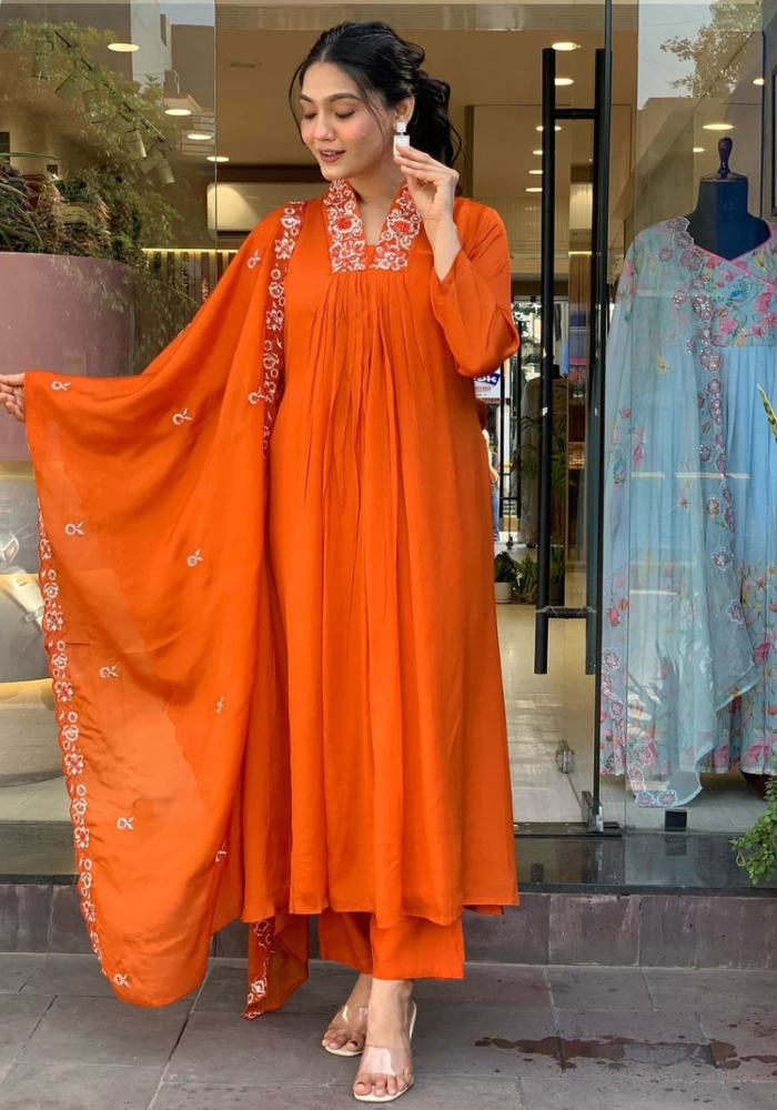 Graceful Orange Embroidered A-Line Kurta Set with Dupatta