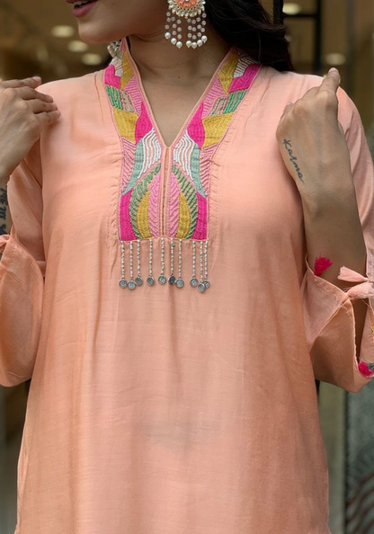 Peach Kurta Set with Vibrant Floral Dupatta