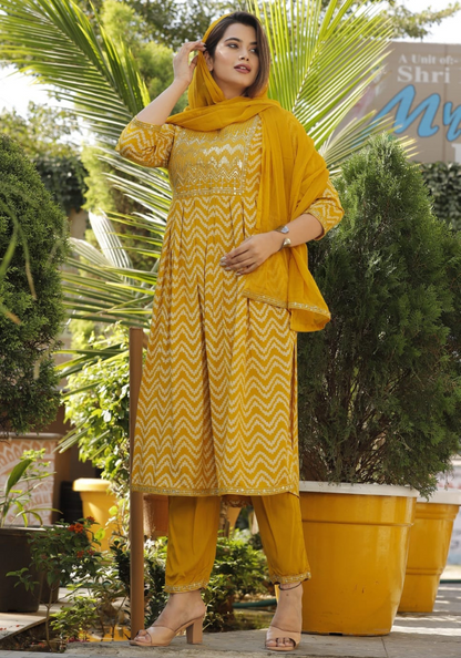 Mustard Yellow Embroidered Cotton Suit with Dupatta