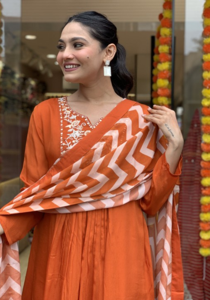 Elegant Orange Kurta Set with Chevron Dupatta