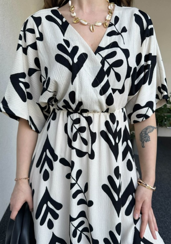 Modern Black and White Printed Asymmetrical Midi Dress