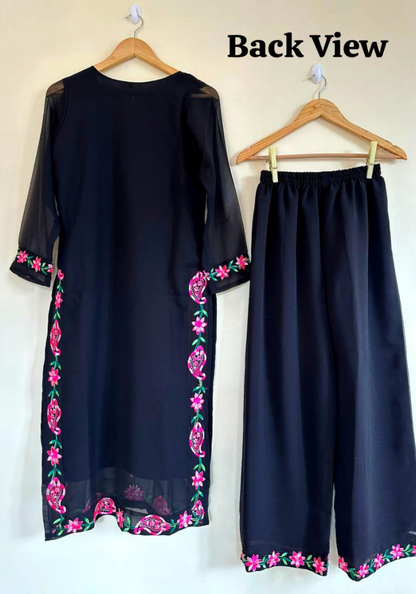 Elegant Black Kurti with Paisley and Floral Embroidery