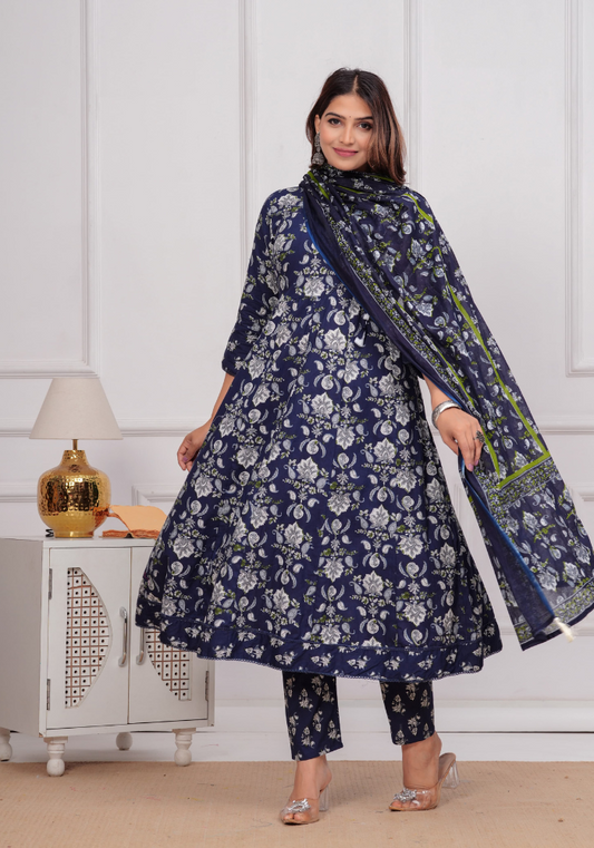 Navy Blue Floral Print Anarkali Kurta Set with Dupatta