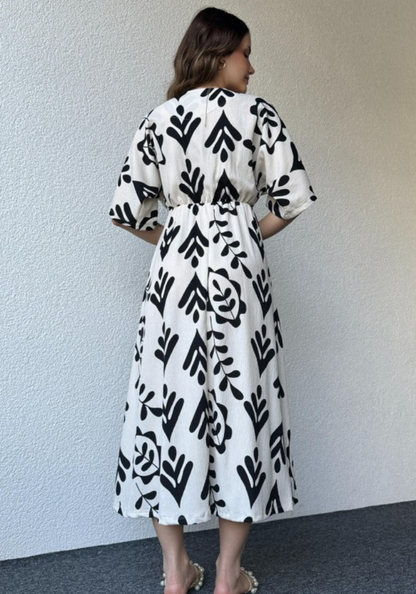 Modern Black and White Printed Asymmetrical Midi Dress