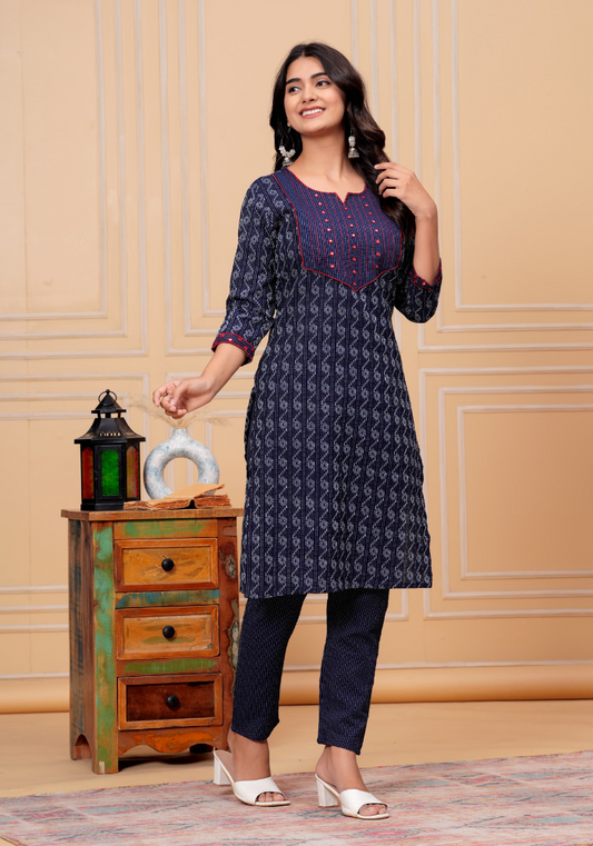 Elegant Navy Blue Printed Kurta with Pants