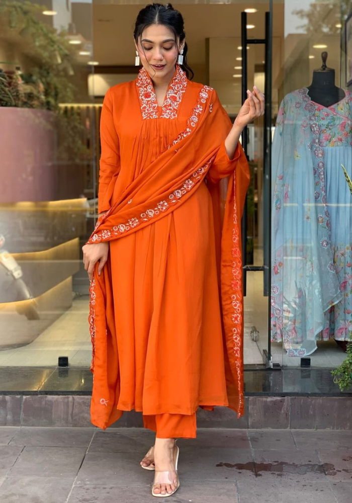 Graceful Orange Embroidered A-Line Kurta Set with Dupatta