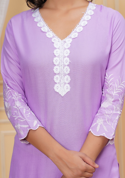 Lavender Purple Ethnic Suit Set with White Embroidery