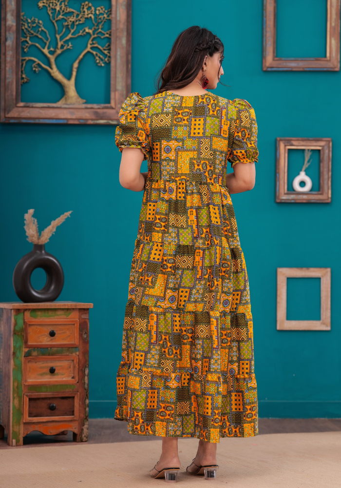 Vibrant Multicolor Patchwork Maxi Dress with Puff Sleeves