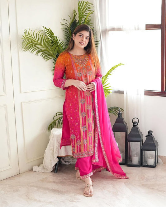 Vibrant Pink and Orange Embroidered Ethnic Suit