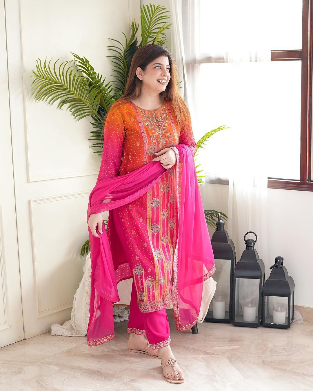 Vibrant Pink and Orange Embroidered Ethnic Suit