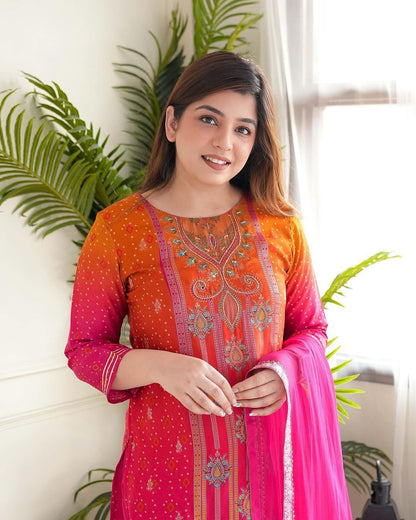 Vibrant Pink and Orange Embroidered Ethnic Suit