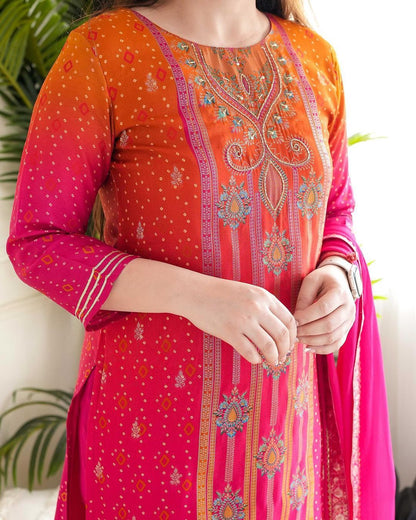 Vibrant Pink and Orange Embroidered Ethnic Suit