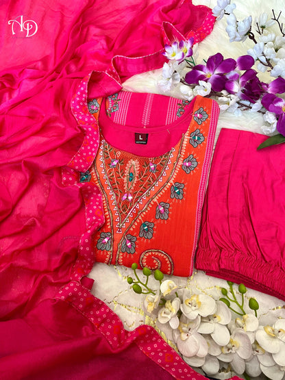 Vibrant Pink and Orange Embroidered Ethnic Suit